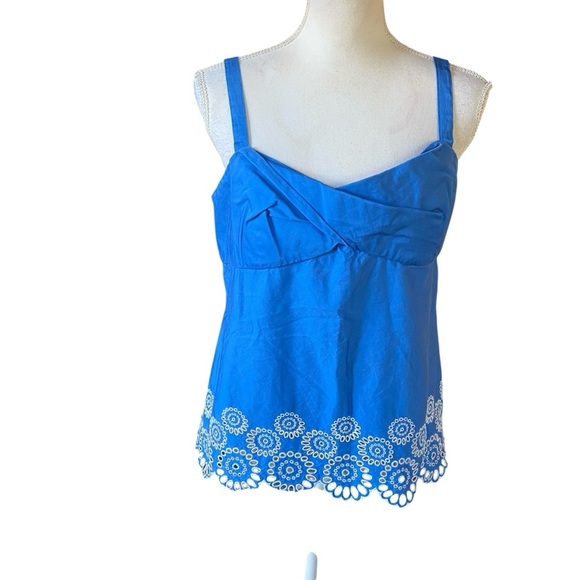 Ann Taylor LOFT Blouse Size 10 Blue Periwinkle Embroidered White Eyelet Circle - Picture 2 of 13